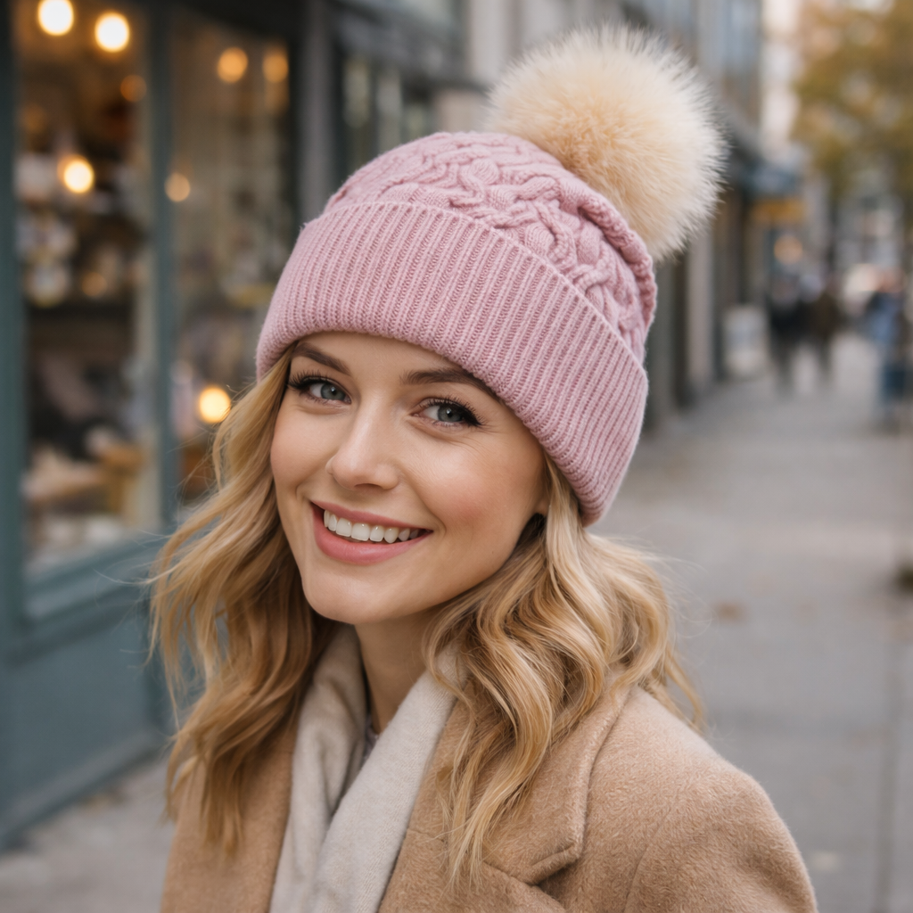 Cable Knit Cuffed Beanie Hat with Faux Fur Pom Pom