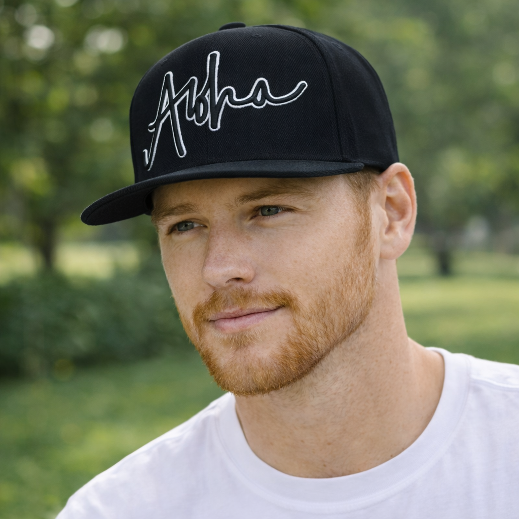 Black Aloha Script Embroidered Flat Brim Snapback Hat