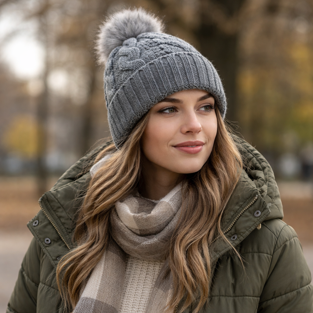 Winter Cable Knit Beanie with Faux Fur Pom Pom