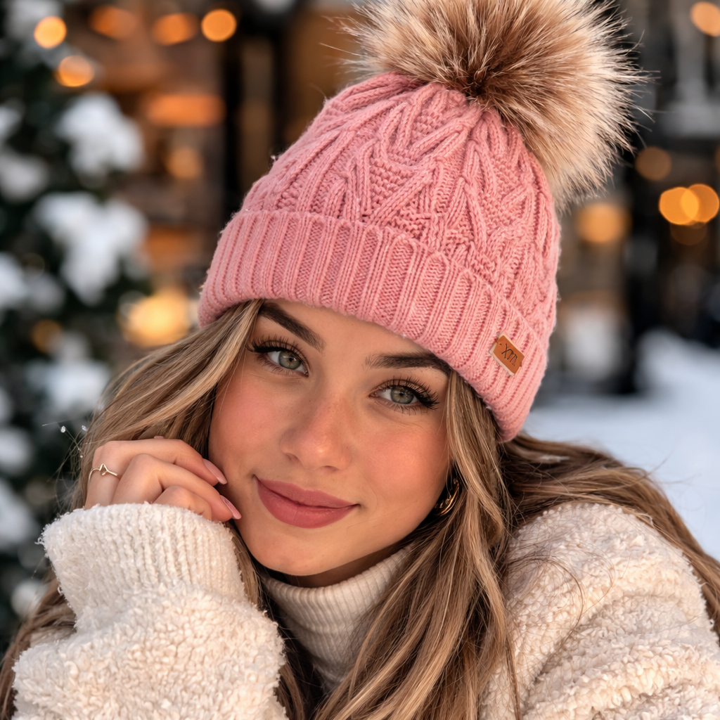Winter Cable Knit Pom Pom Beanie Hat with Cuffed Ribbed Design