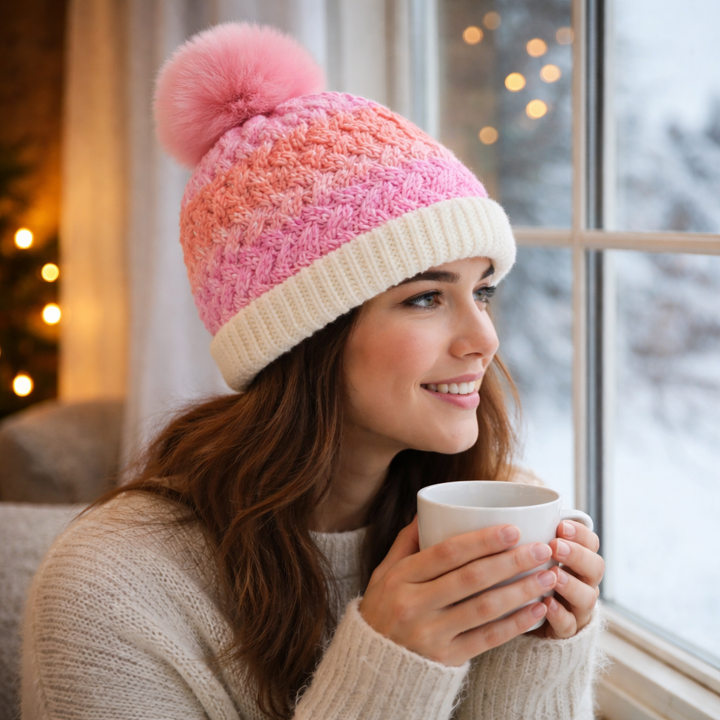 Colorful Gradient Cable Knit Beanie with Faux Fur Pom Pom Winter Hat
