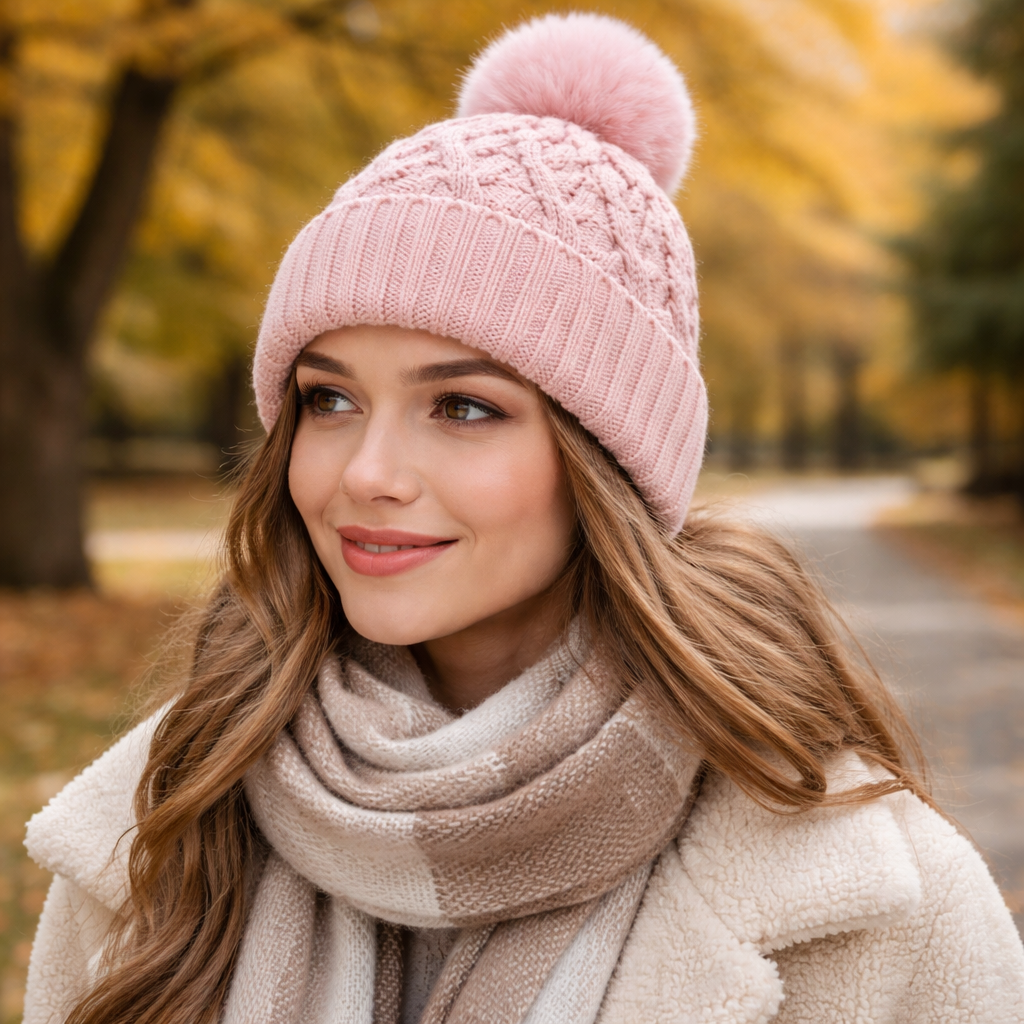 Winter Warm Chunky Knit Beanie with Faux Fur Pom Pom