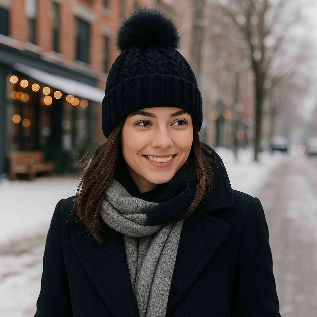 Winter Warm Cable Knit Beanie with Faux Fur Pom