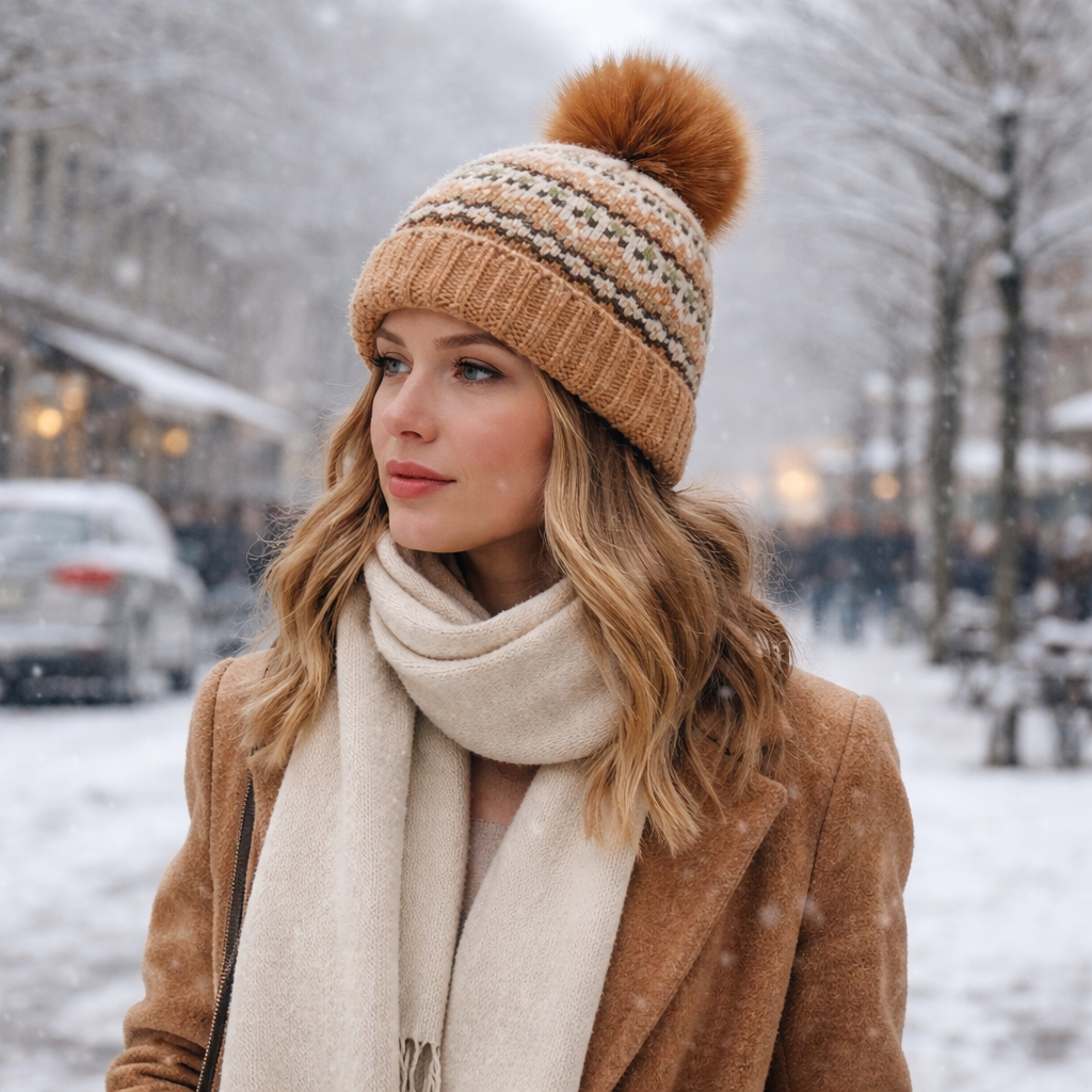 Winter Fair Isle Knitted Pom Pom Beanie Hat Warm Nordic Pattern Cap