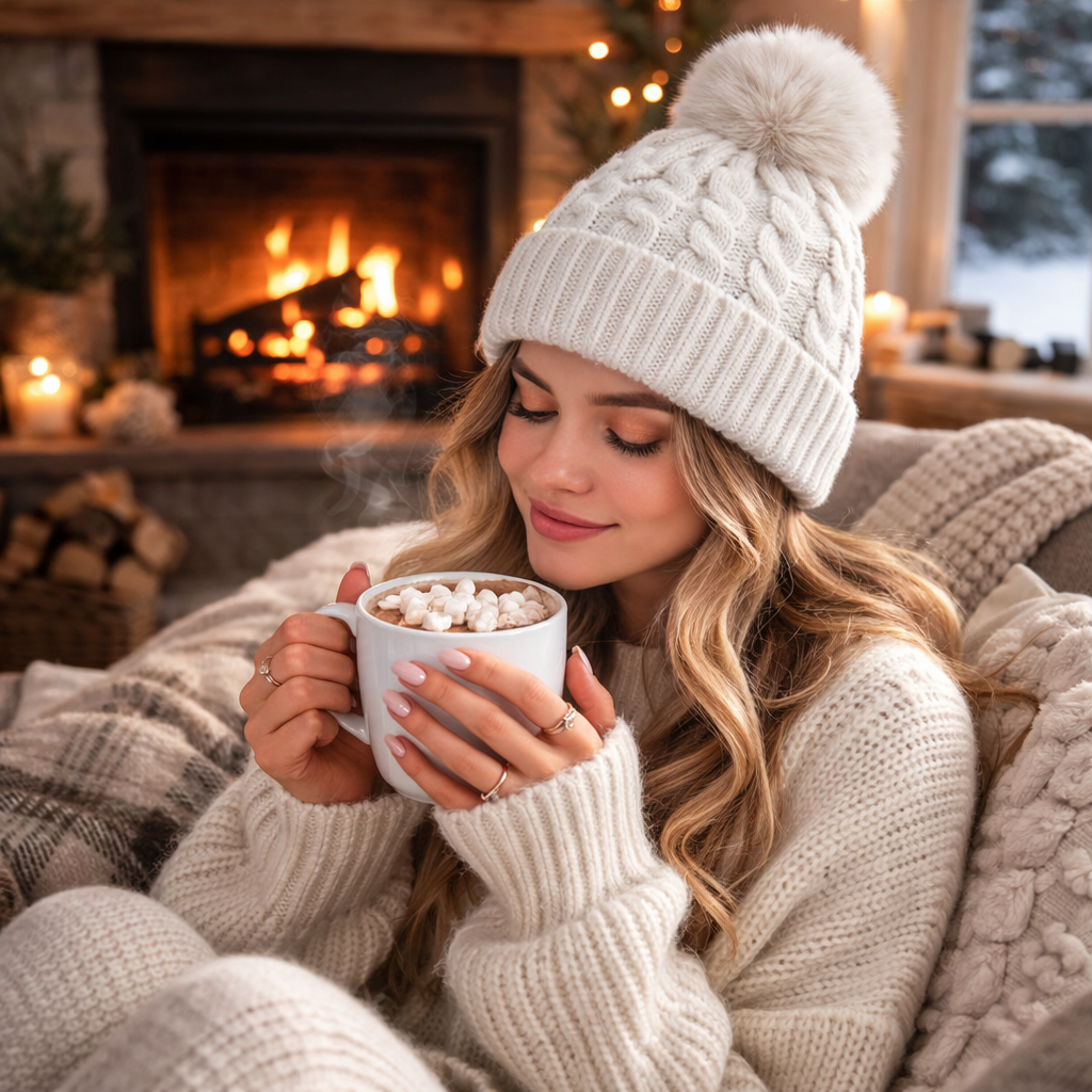 Winter Cable Knit Cuffed Beanie with Faux Fur Pom Pom for Women and Men