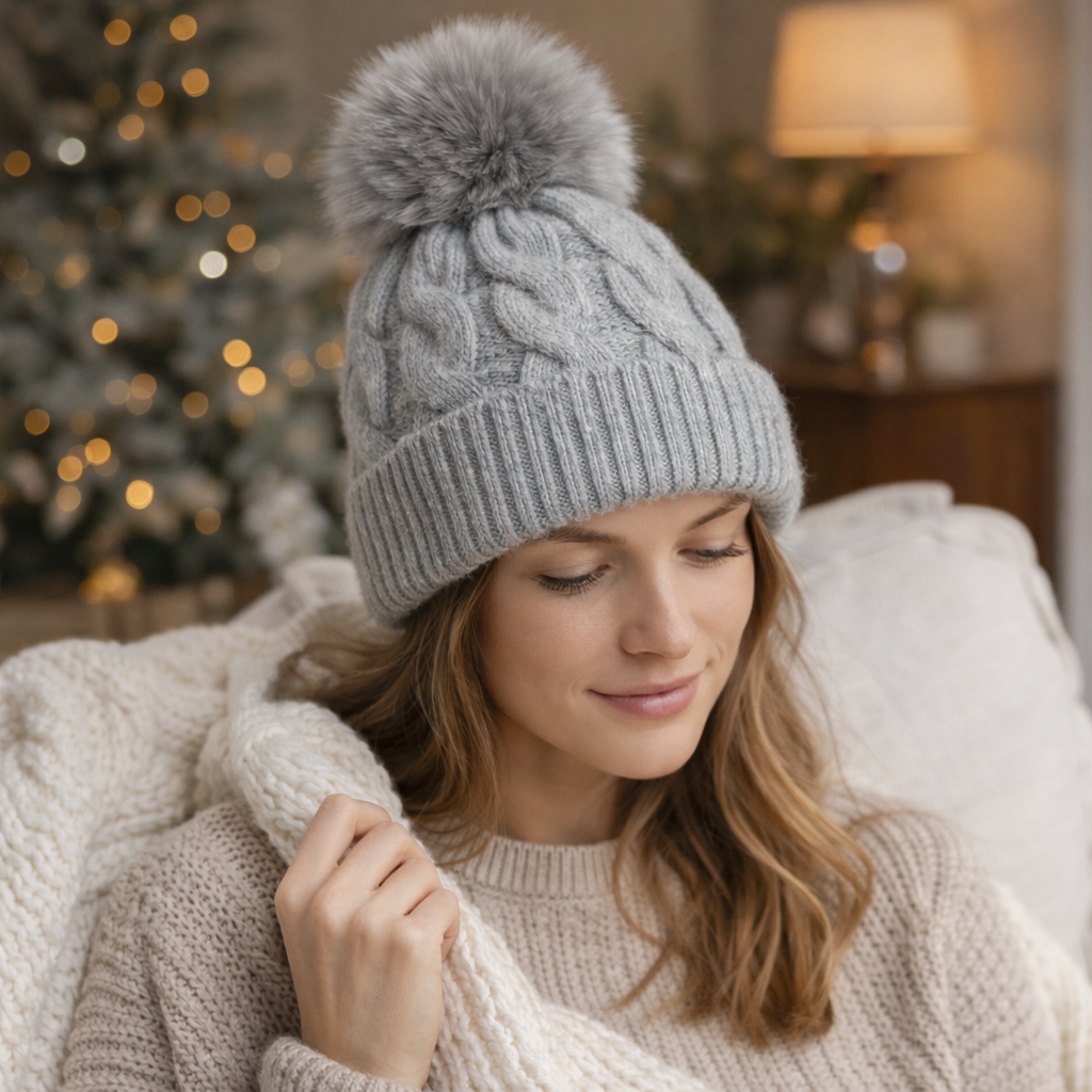 Cozy Cable Knit Cuffed Beanie with Faux Fur Pom Pom