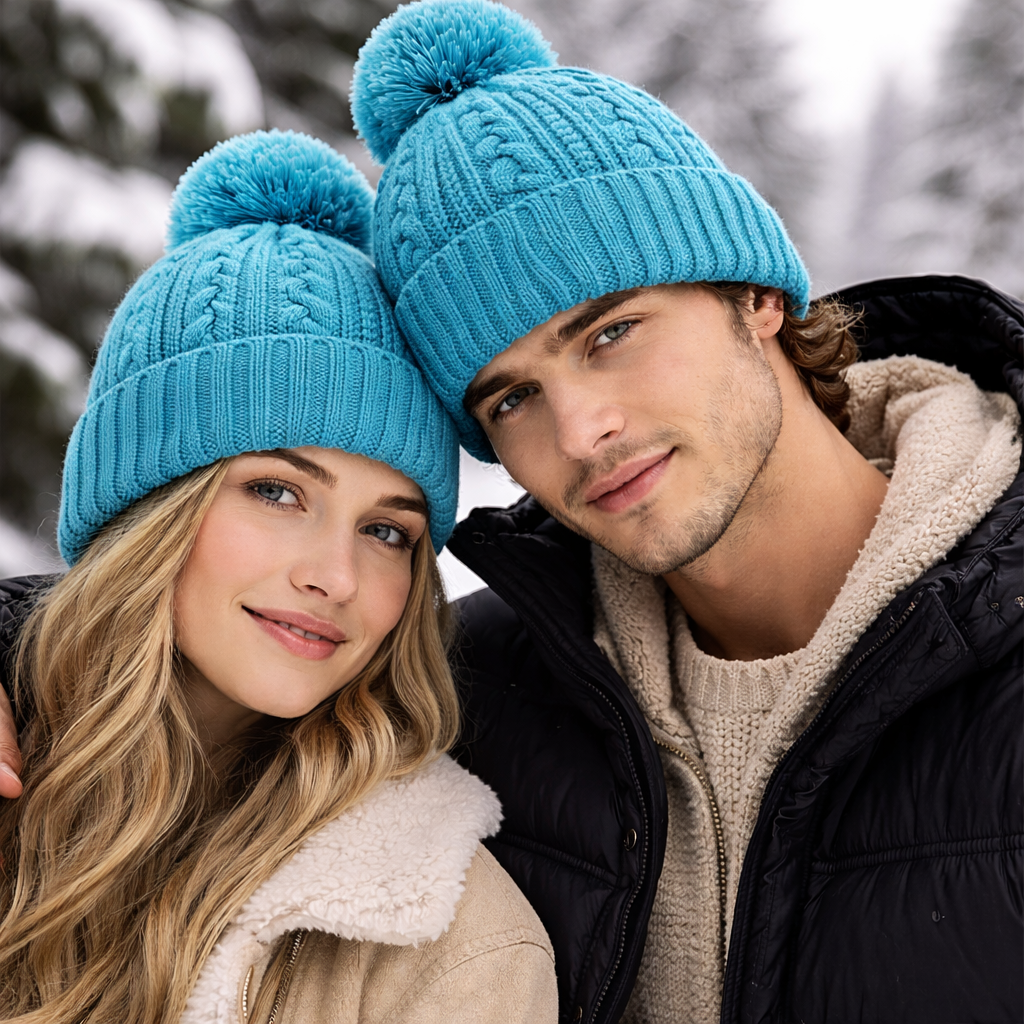 Blue Cable Knit Pom Pom Beanie with FREEDOM Patch