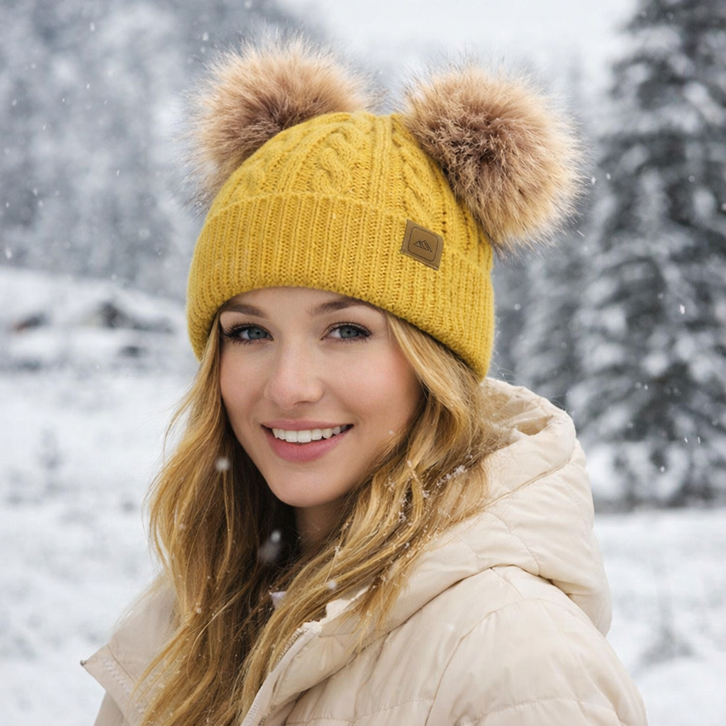 Warm Winter Cable Knit Double Pom Pom Beanie Hat for Kids & Adults