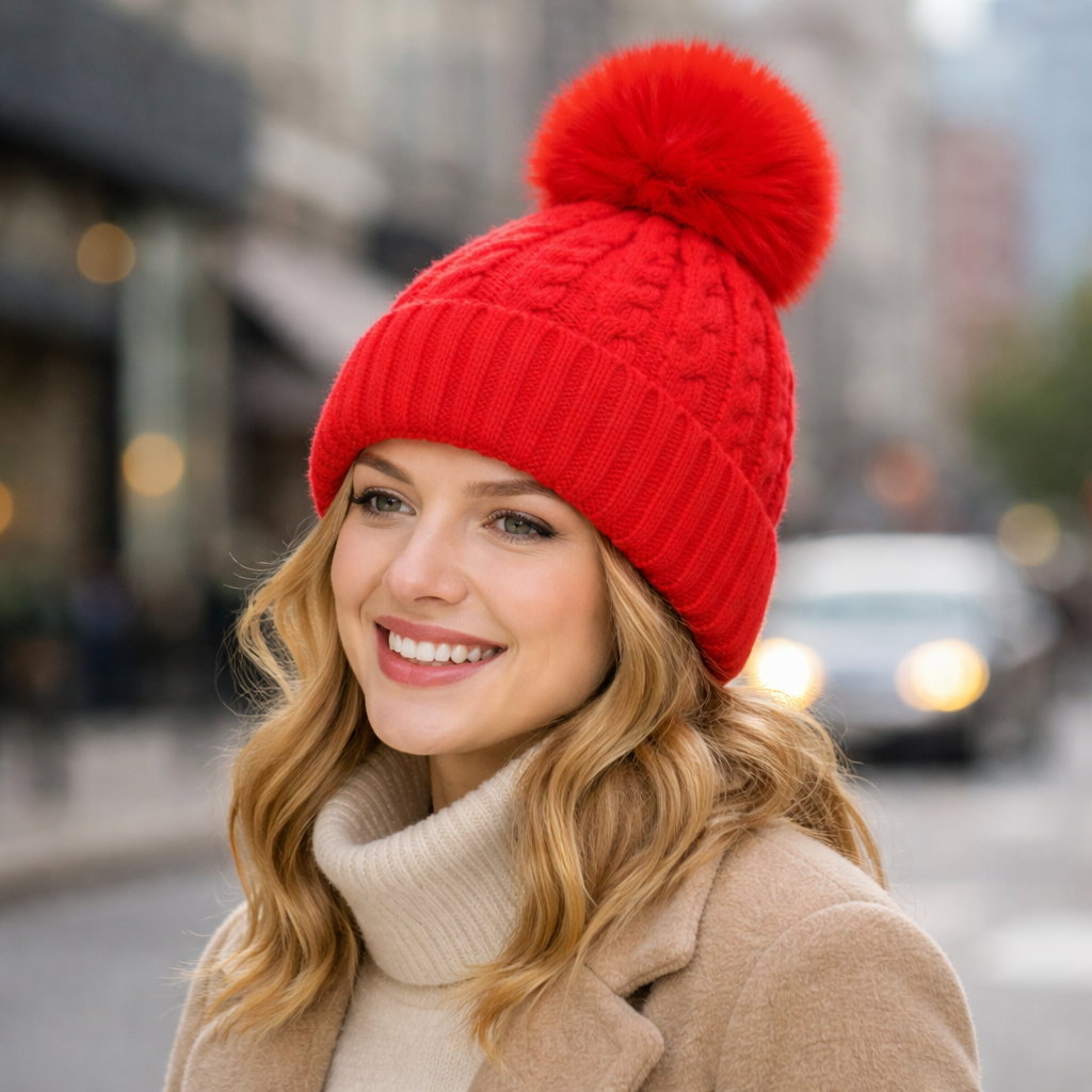 Winter Knit Beanie Hat with Faux Fur Pom – Thick Cable Cuffed Warm Cap for Women