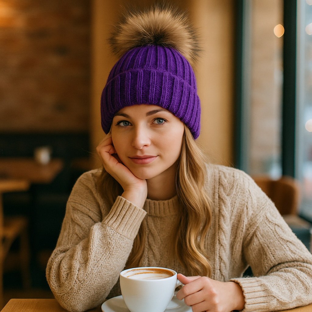 Winter Ribbed Knit Beanie with Faux Fur Pom Pom – Cuffed Warm Hat for Cold Weather