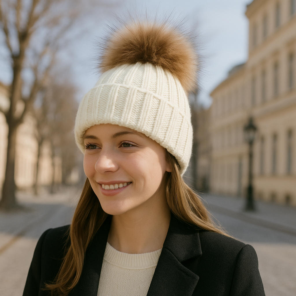 Winter Ribbed Knit Beanie with Faux Fur Pom Pom – Cuffed Warm Hat for Cold Weather