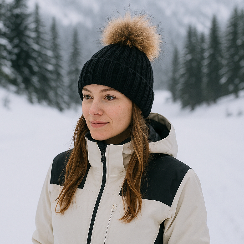 Winter Ribbed Knit Beanie with Faux Fur Pom Pom – Cuffed Warm Hat for Cold Weather