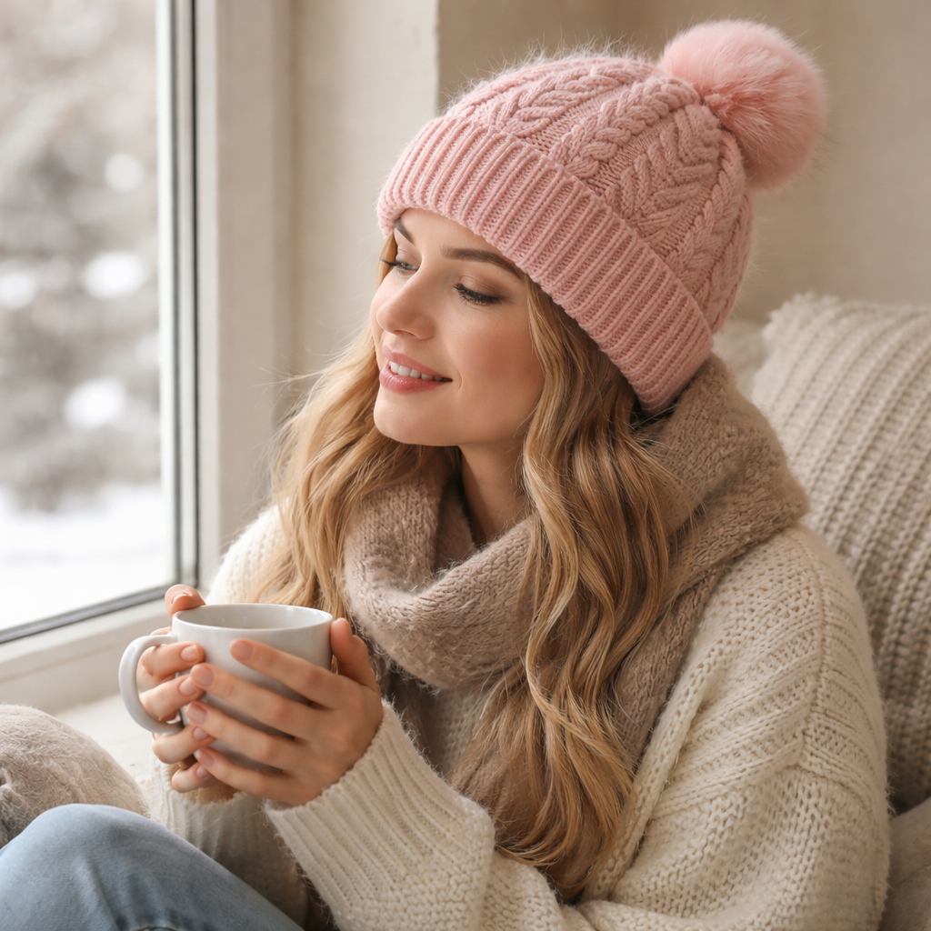 Women’s Cable Knit Cuffed Beanie with Faux Fur Pom Pom for Winter