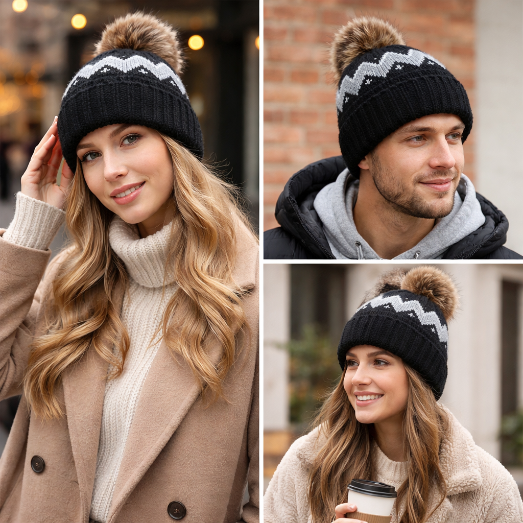 Winter Cable Knit Beanie with Faux Fur Pom – Warm, Soft & Stylish