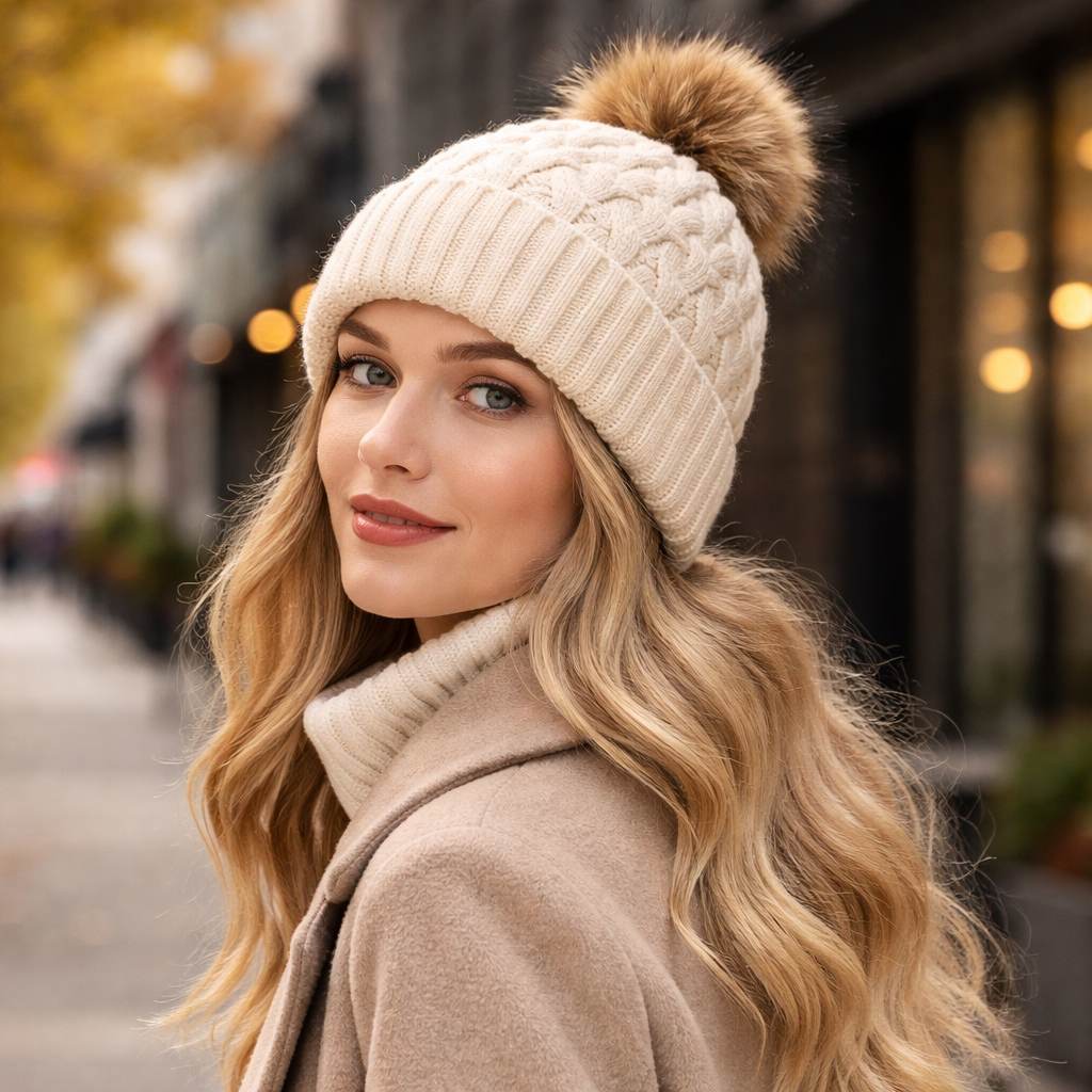 Winter Faux Fur Pom Cable Knit Beanie – Warm Chunky Cuffed Hat
