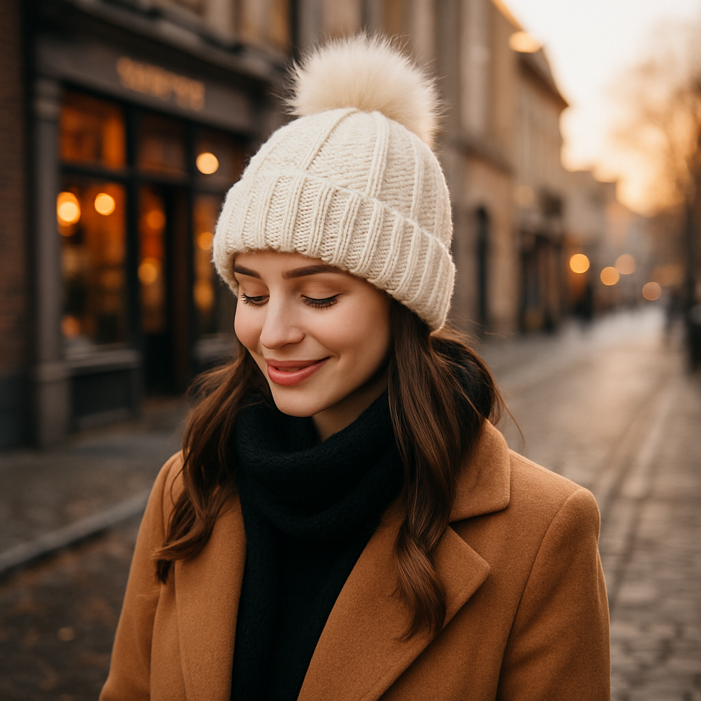 Winter Warm Knitted Beanie with Faux Fur Pom and Satin Lining