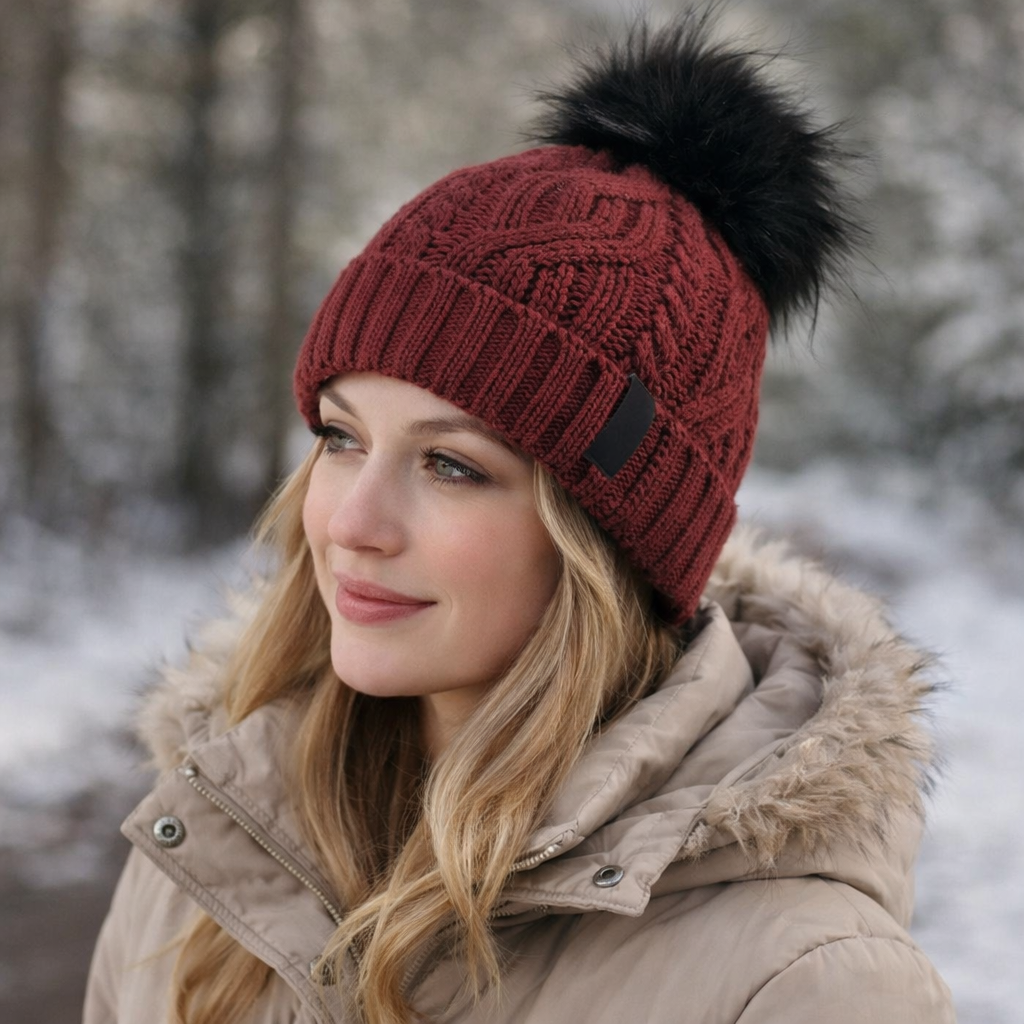 Winter Warm Knit Pom Beanie with Faux Fur Trim