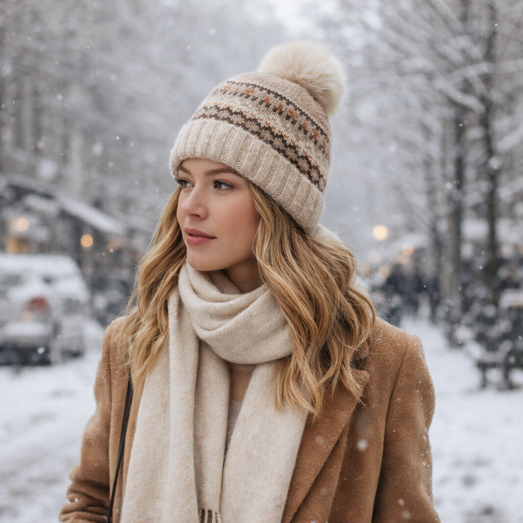 Winter Fair Isle Knitted Pom Pom Beanie Hat Warm Nordic Pattern Cap