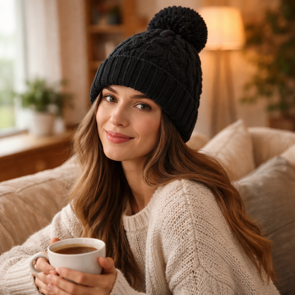 Winter Knit Pom Pom Beanie Hat – Soft Warm Cable Knit Hat for Adults