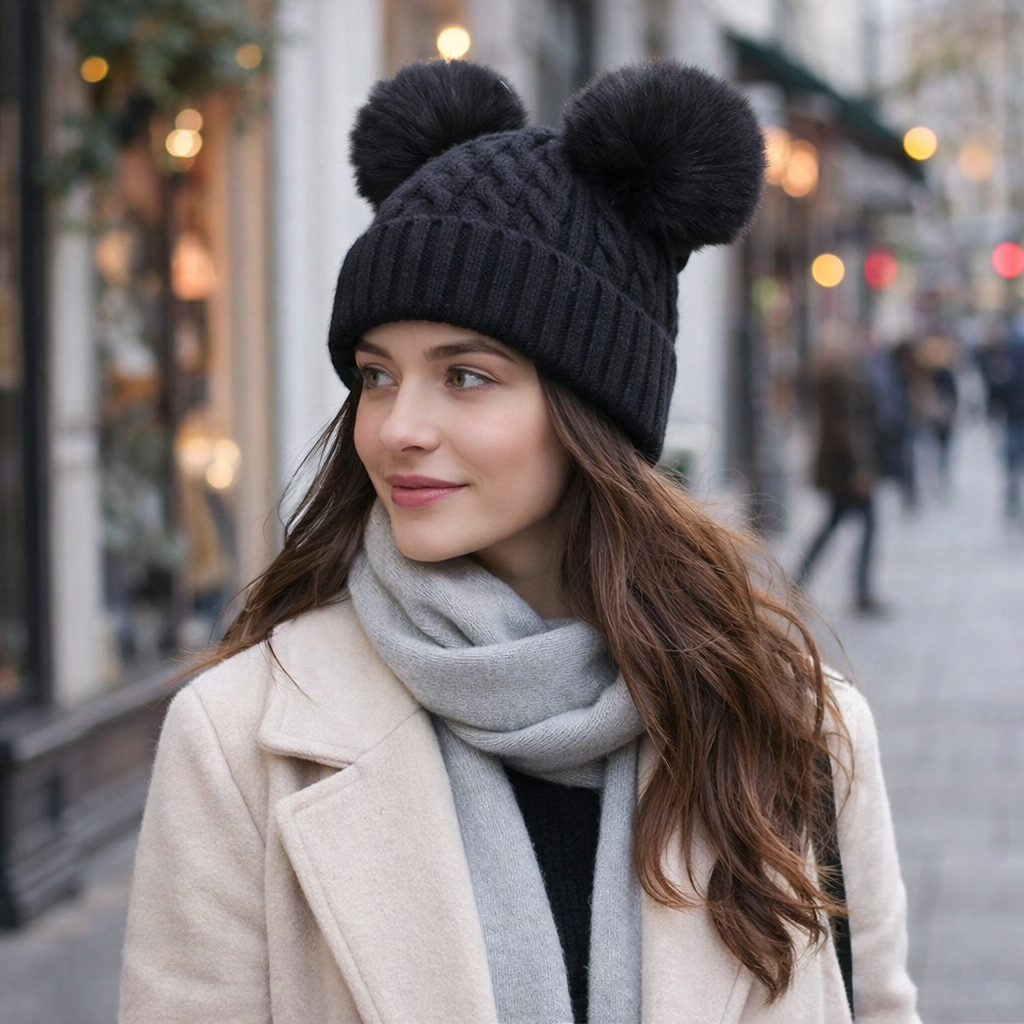 Double Pom Pom Soft Knit Winter Beanie for Kids and Adults