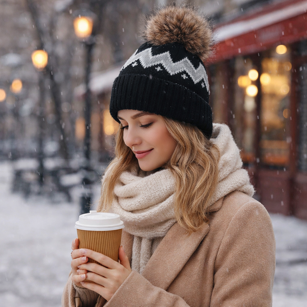 Winter Cable Knit Cuffed Beanie with Faux Fur Pom Pom for Women and Men