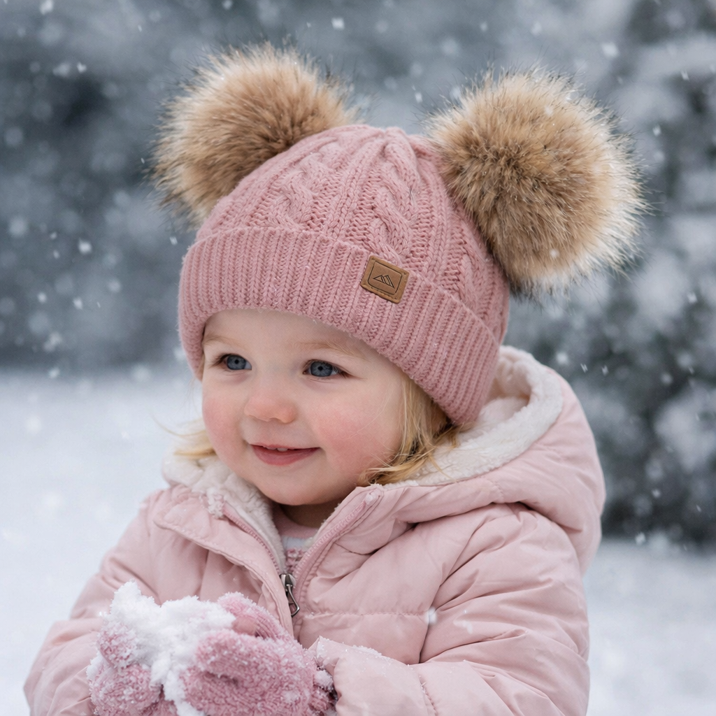 Warm Winter Cable Knit Double Pom Pom Beanie Hat for Kids & Adults