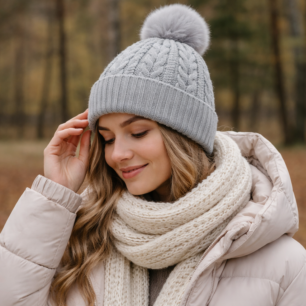 Chunky Knit Pom Pom Winter Beanie – Multiple Colors with Faux Fur Top