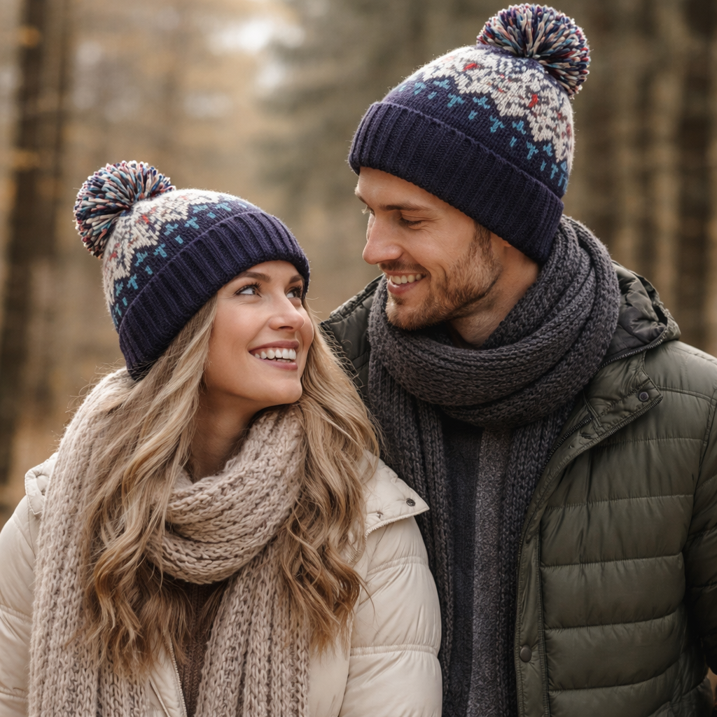 Multicolor Winter Knit Beanie Hat with Pom Pom and Nordic Pattern