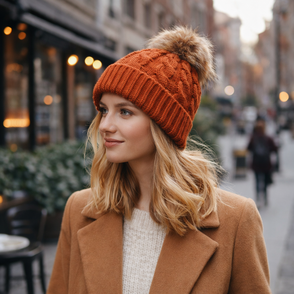 Winter Knit Beanie with Faux Fur Pom – Multiple Colors