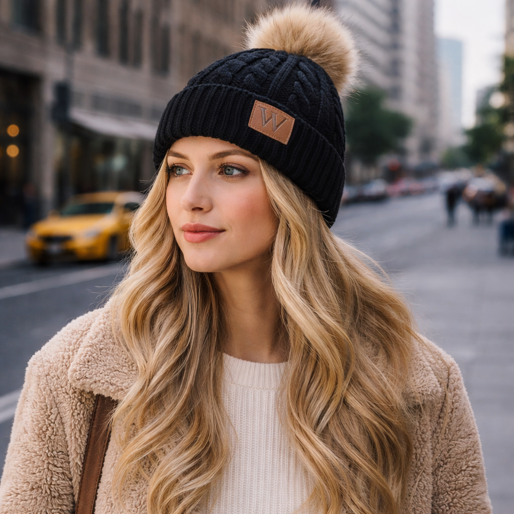 Winter Faux Fur Pom Cable Knit Beanie