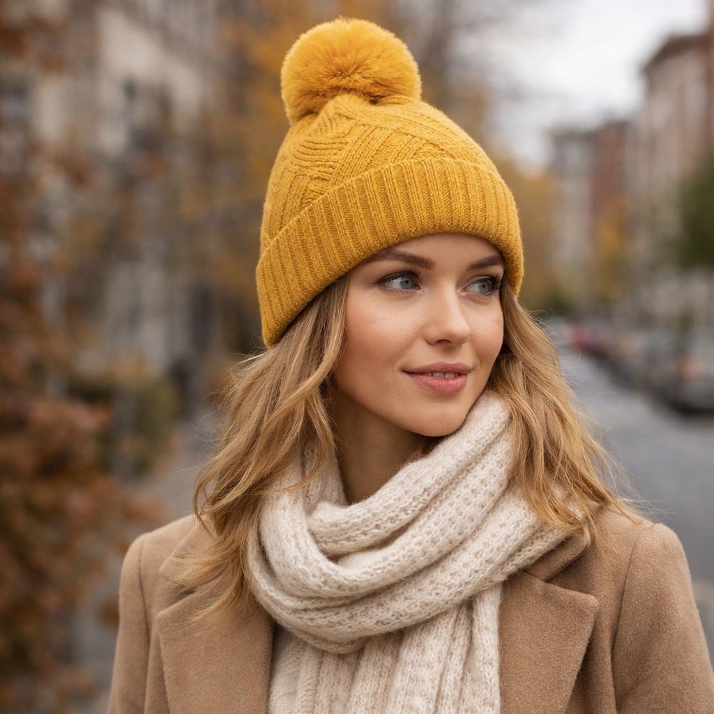 Winter Pom-Pom Knit Beanie – Soft Cable Texture with Faux Fur Top