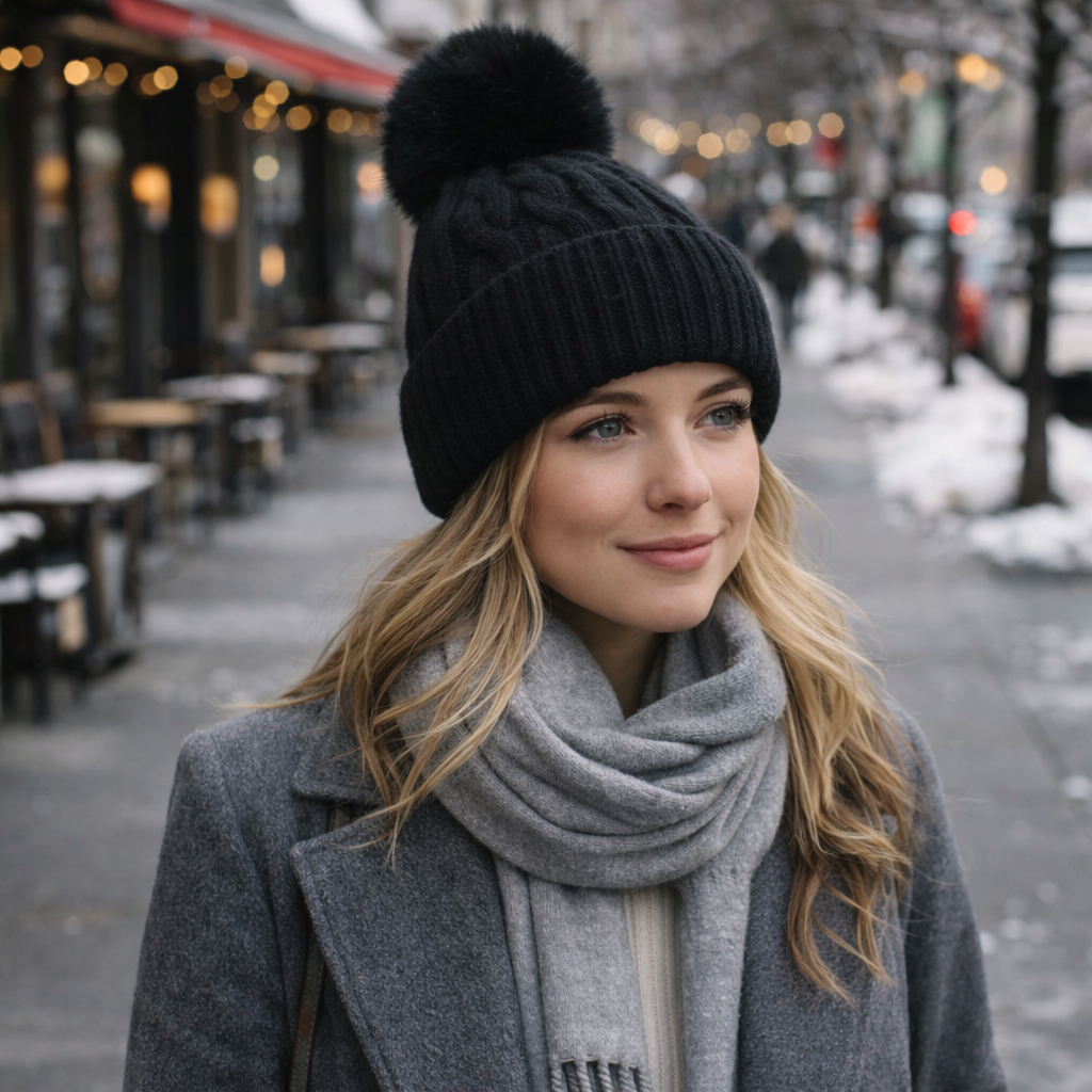 Cozy Cable Knit Cuffed Beanie with Faux Fur Pom Pom