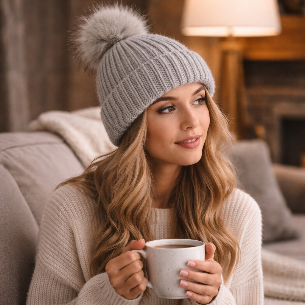 Thick Cable Knit Cuffed Beanie with Faux Fur Pom Pom