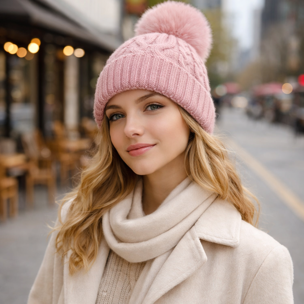 Winter Cable Knit Beanie Hat with Faux Fur Pom Pom