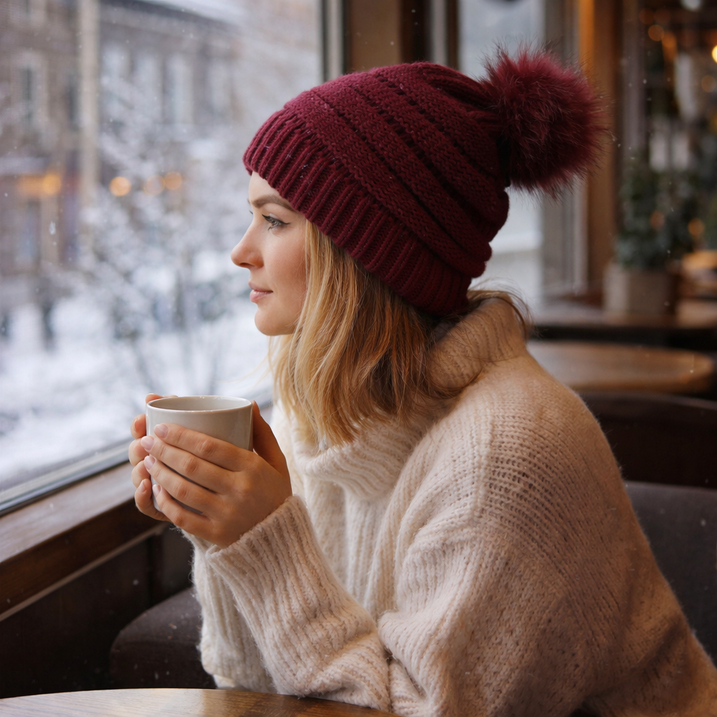 Winter Cable Knit Faux Fur Pom Pom Cuffed Beanie Hat