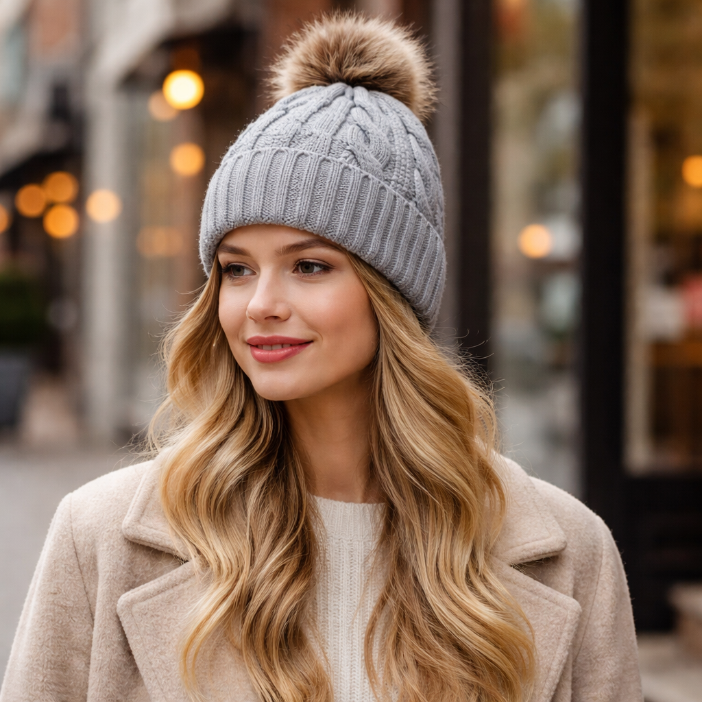 Faux Fur Pom-Pom Cable Knit Cuffed Winter Beanie Hat