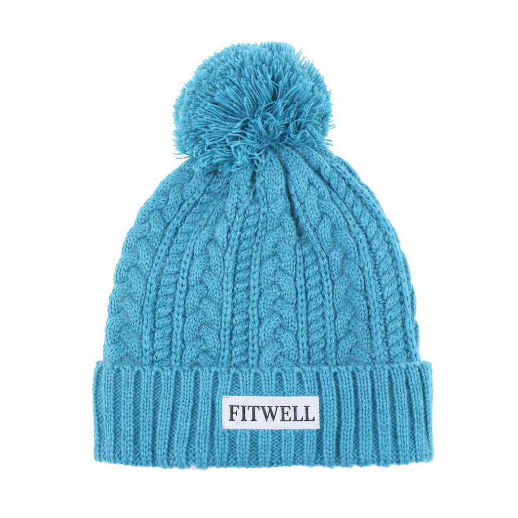 Blue Cable Knit Pom Pom Beanie with FREEDOM Patch
