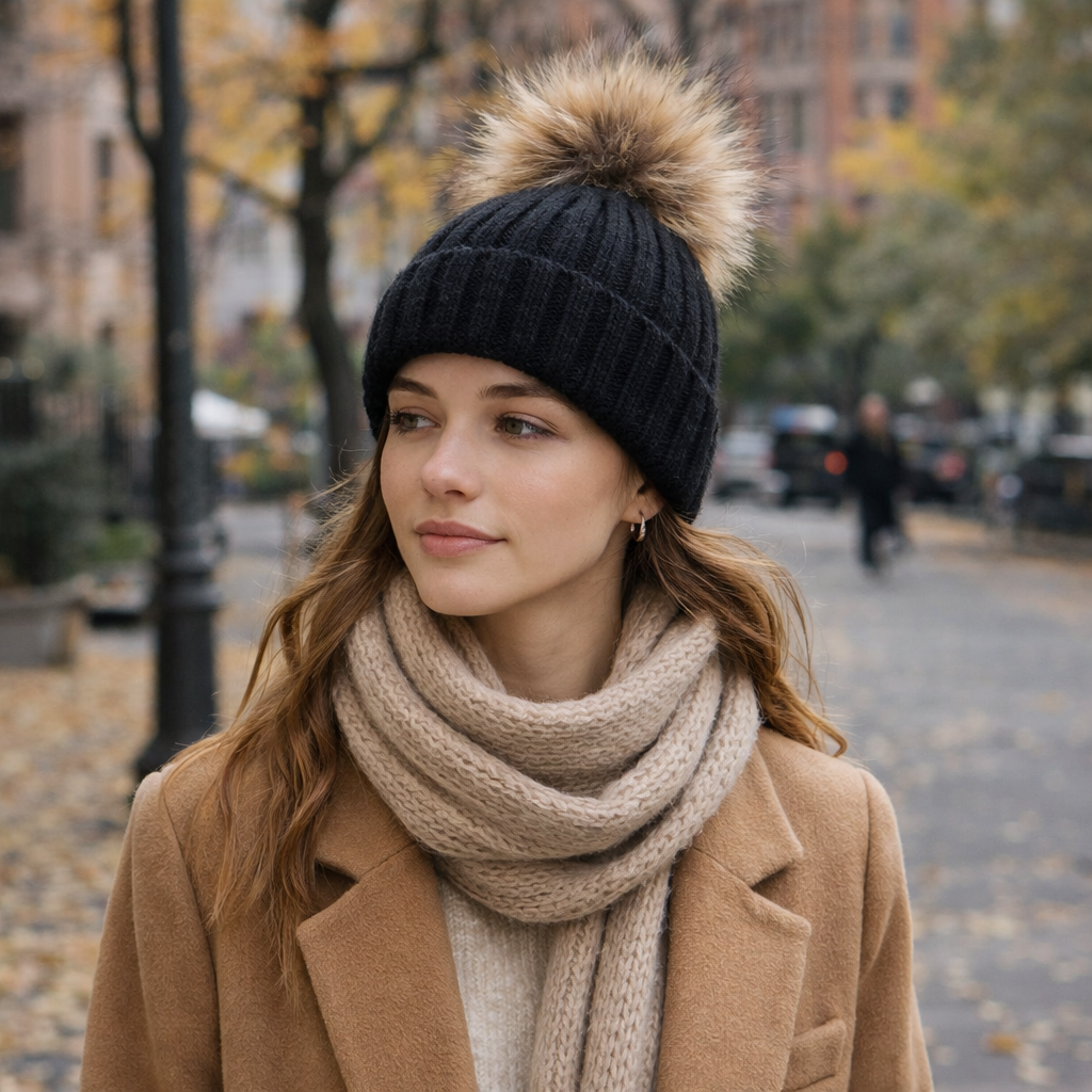 Winter Faux Fur Pom Beanie – Thick Knit Cuffed Warm Hat