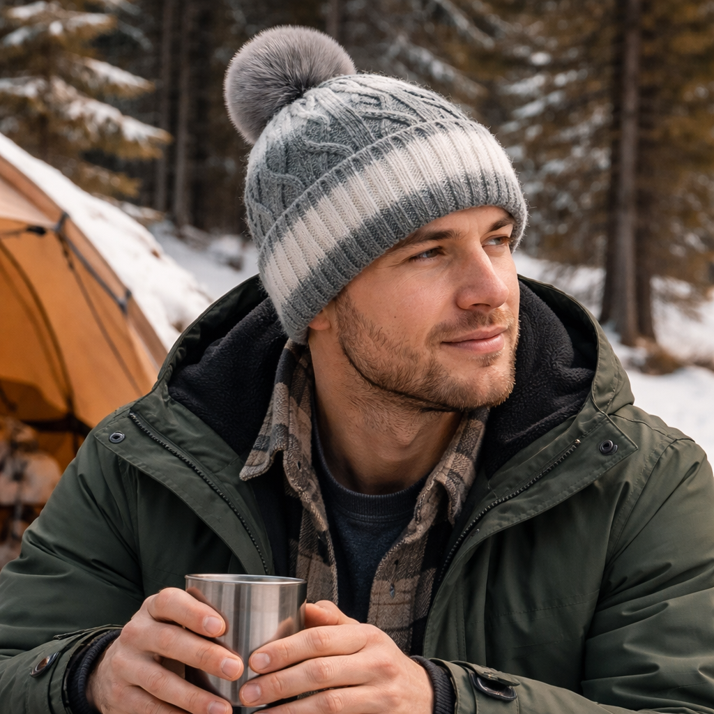Thick Cable Knit Cuffed Beanie with Faux Fur Pom Pom