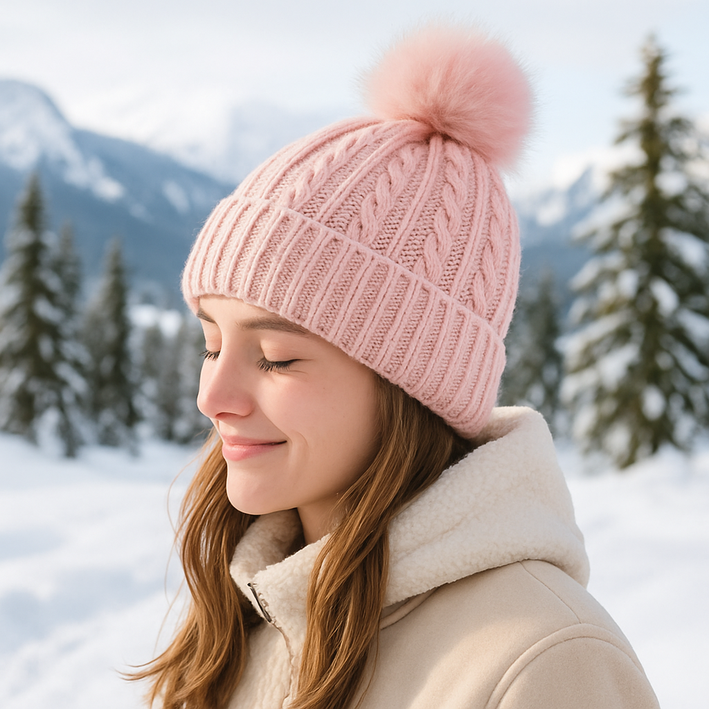 Winter Warm Knit Beanie Hat with Faux Fur Pom Pom – Multiple Colors