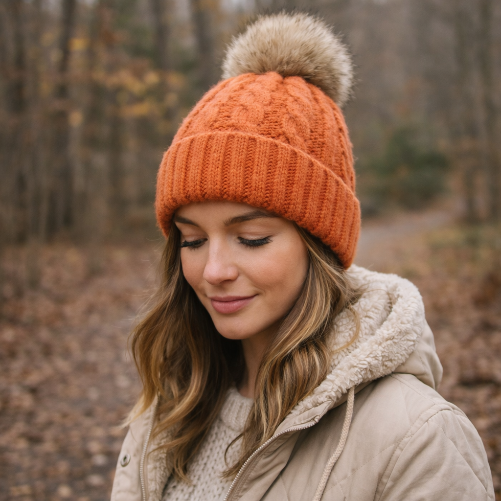 Winter Cable Knit Pom Pom Beanie – Soft Cuffed Hat with Faux Fur Ball