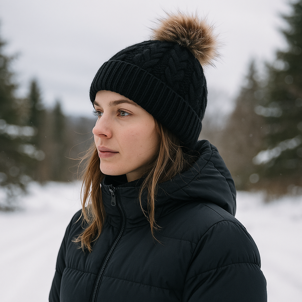 Winter Cable Knit Pom Pom Beanie Hat with Faux Fur