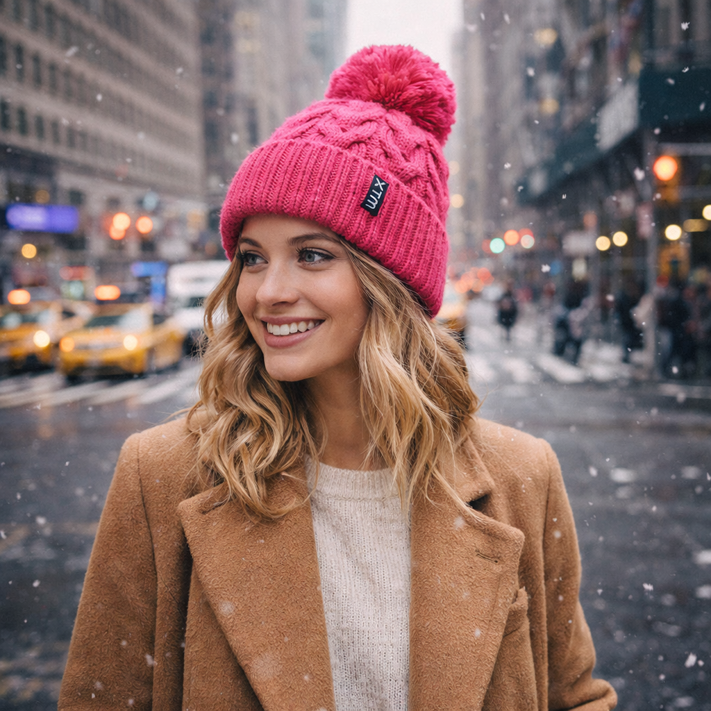 Thick Cable Knit Cuffed Beanie with Faux Fur Pom Pom for Winter