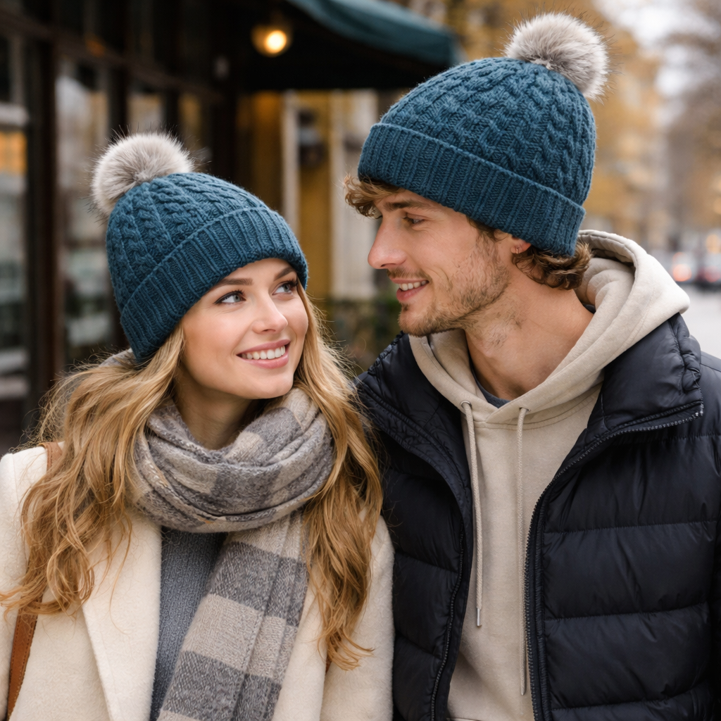 Winter Cable Knit Beanie with Faux Fur Pom Pom