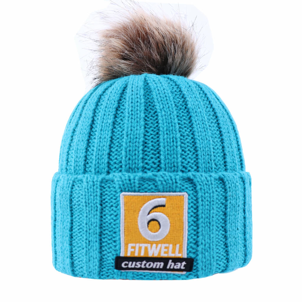 Blue Ribbed Knit Beanie with Faux Fur Pom and Embroidered Patch