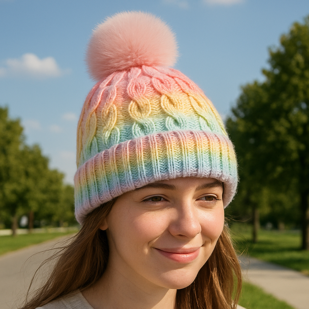 Rainbow Gradient Cable Knit Beanie with Faux Fur Pom Pom