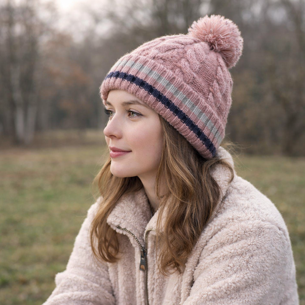 Women’s Winter Cable Knit Beanie with Pom Pom – Soft Warm Cuffed Hat