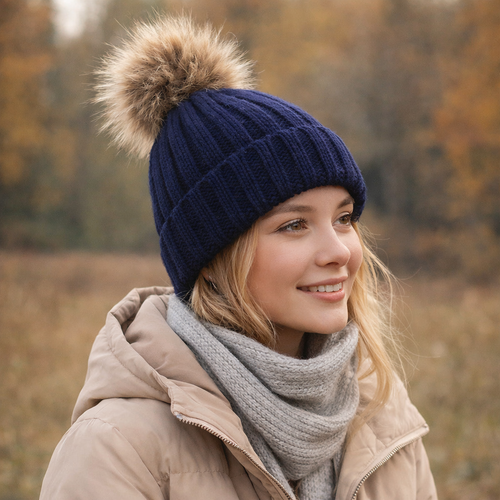 Winter Warm Ribbed Beanie Hat with Faux Fur Pom – Cuffed Knit Cap
