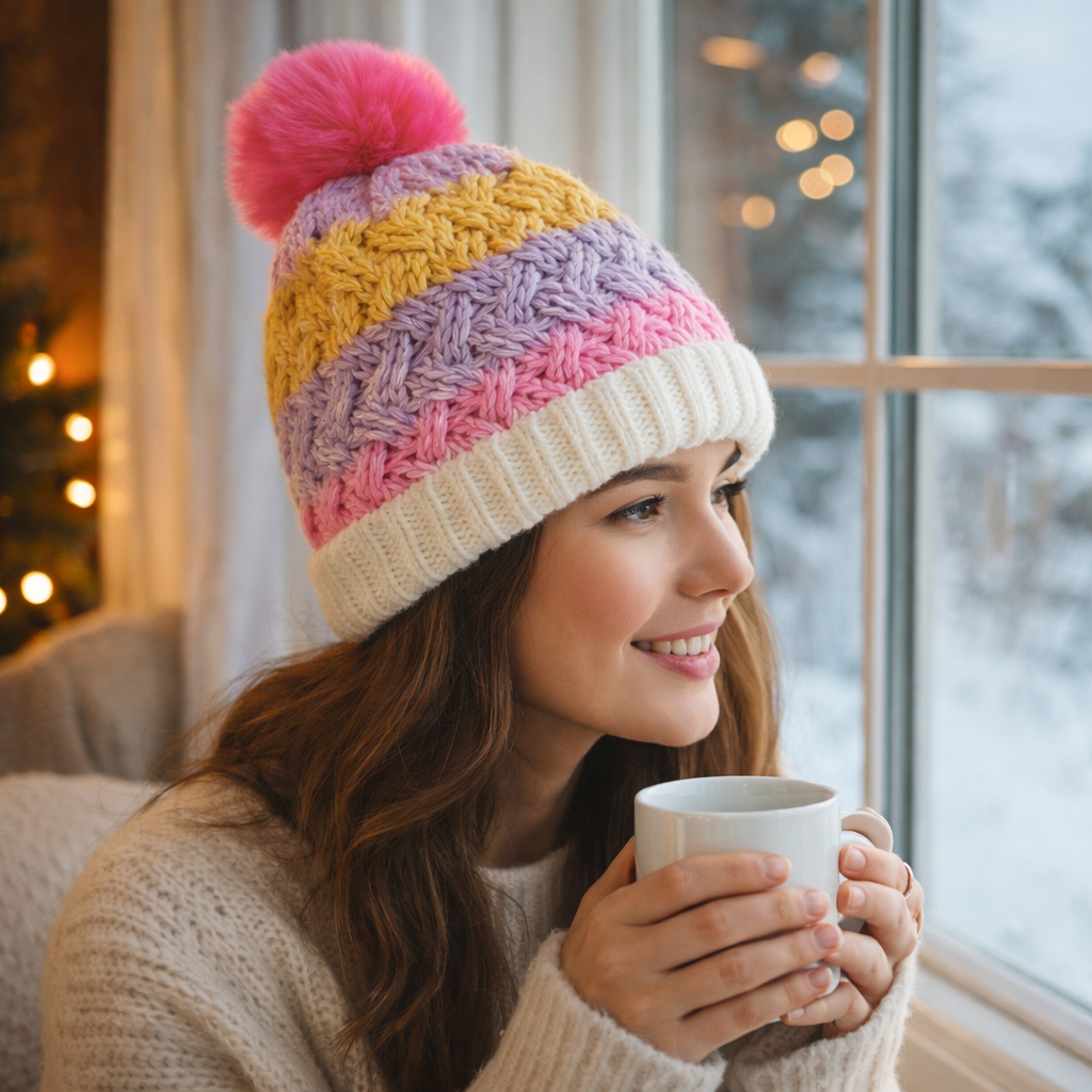 Colorful Gradient Cable Knit Beanie with Faux Fur Pom Pom Winter Hat