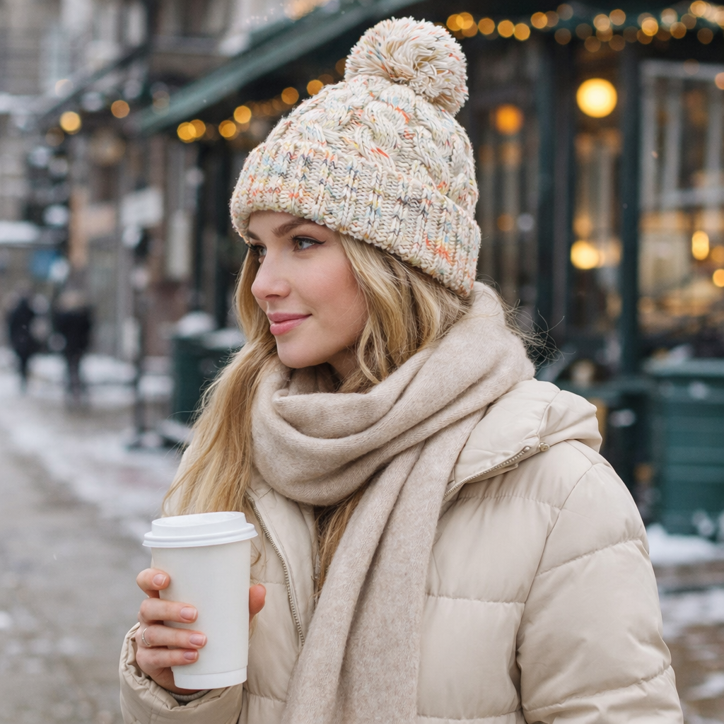 Multicolor Cable Knit Cuffed Pom Pom Winter Beanie Set